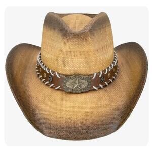 Paper Straw Brown Cowboy Hat with Star Leather Laced Band NEW